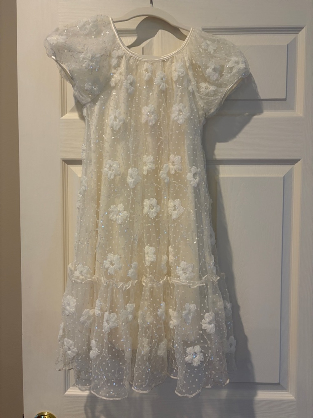 Girls Ivory Floral Sequin Embroidered Party Dress